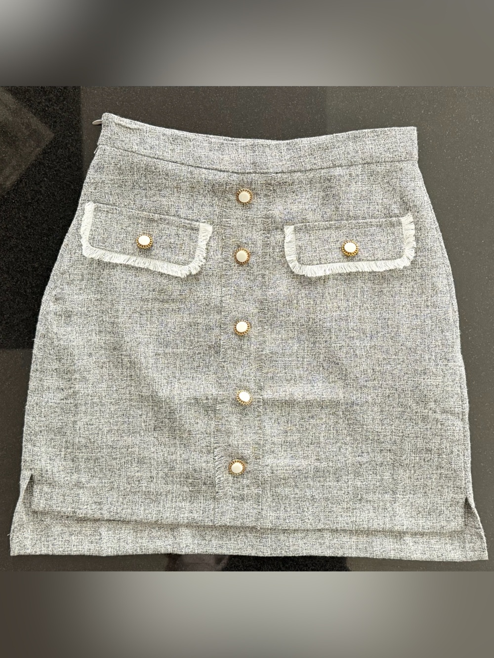 Chic Gray Tweed Mini Skirt with Gold Buttons